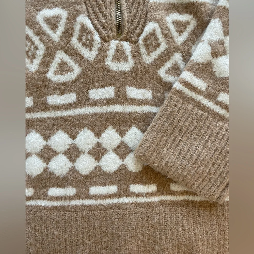 J.Crew Geometric Fair Isle Half-Zip Alpaca Sweater, tan size XS